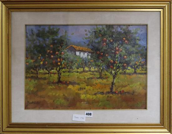 Mastrovito, oil on canvas, Italian farmhouse and orange trees, signed, 33 x 49cm